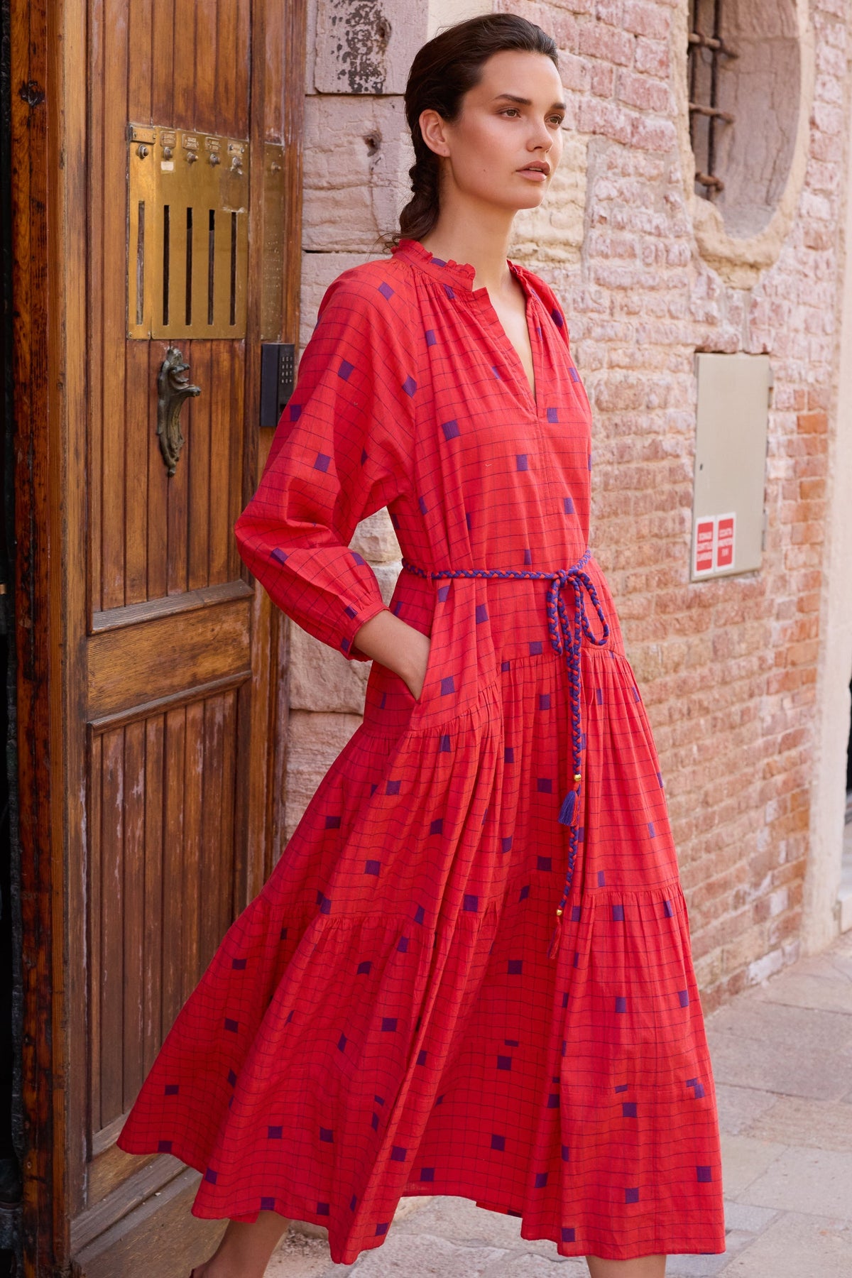 Cuff Sleeve Tie Waist Maxi- Samur Red
