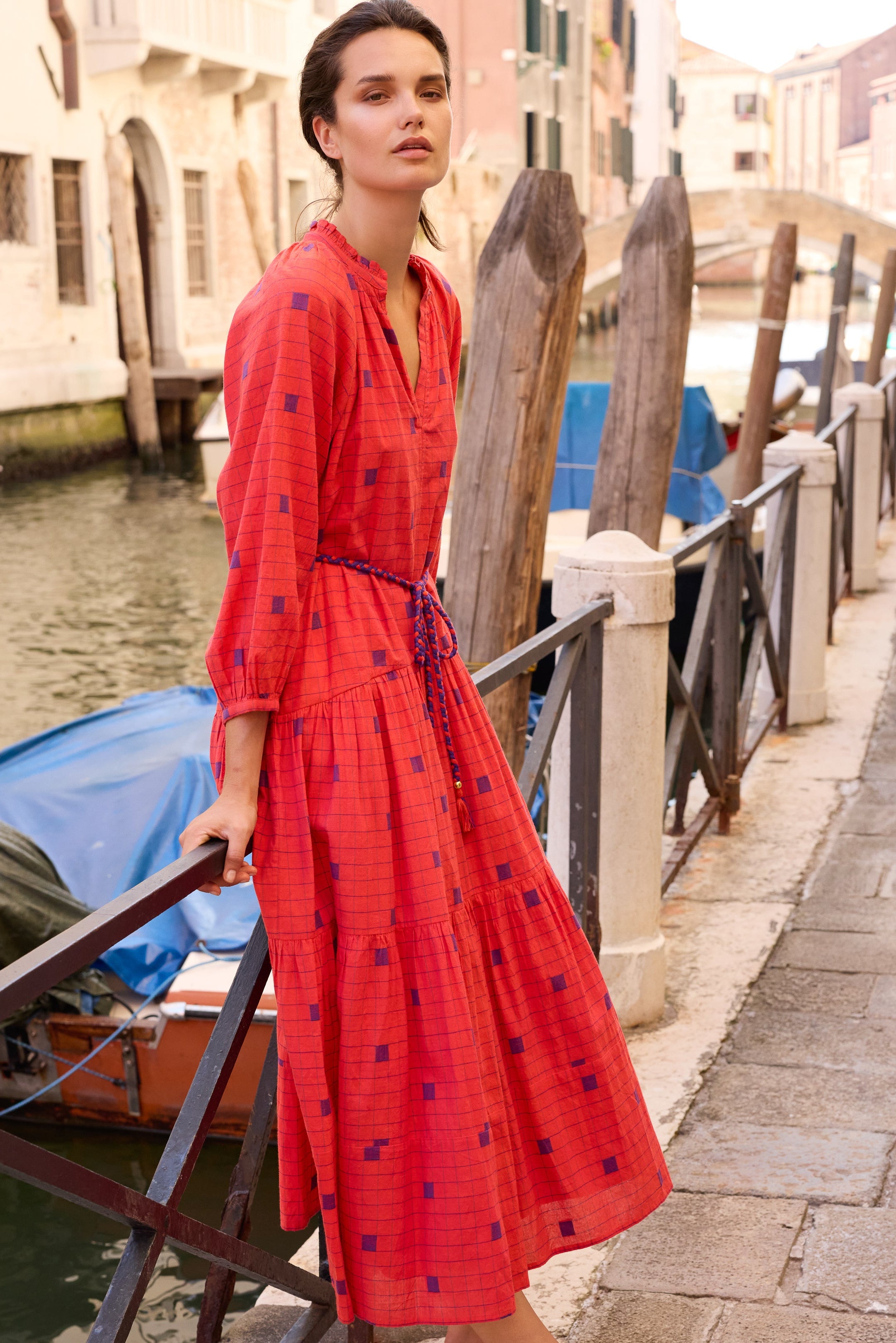 Cuff Sleeve Tie Waist Maxi- Samur Red