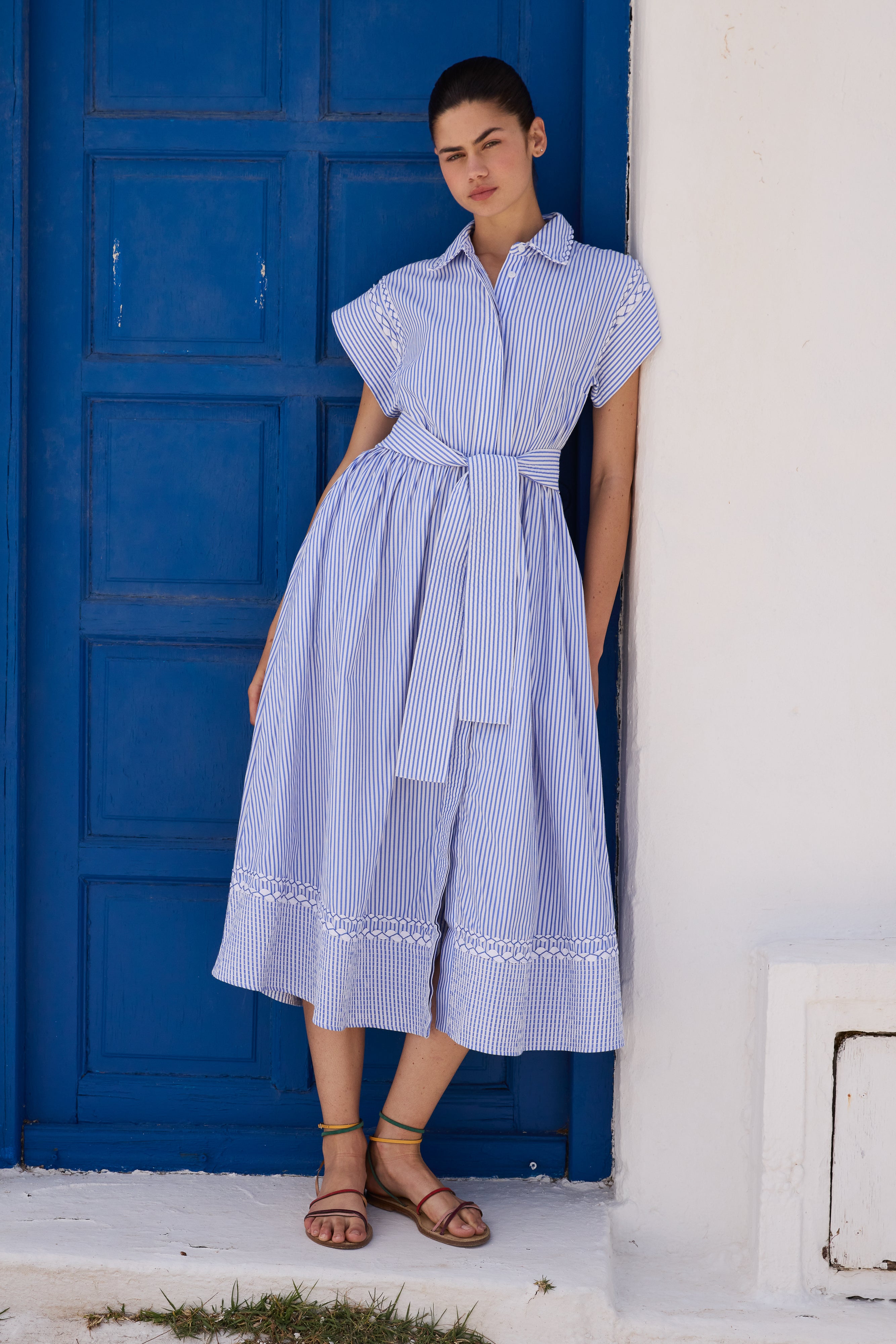 Belted Shirt Dress- Sconset Blue