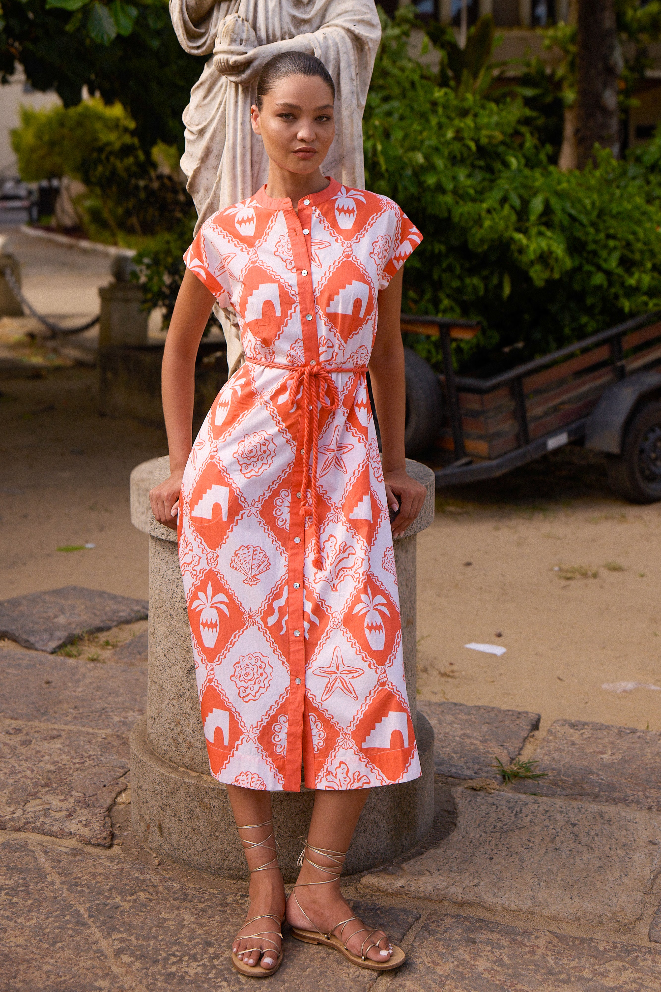 Cap Sleeve Shirt Dress Midi- Asterias Red