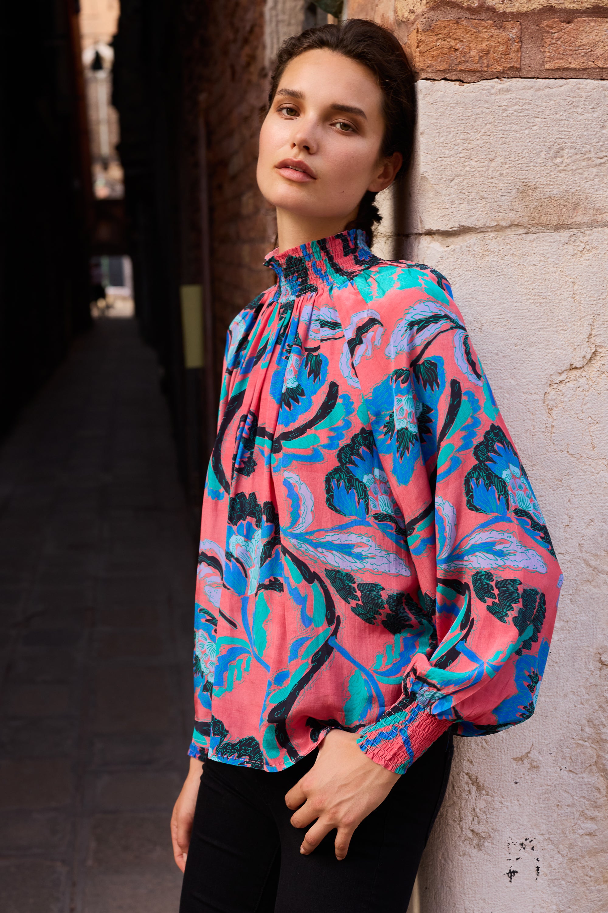 High Neck Blouse- Bergamo Cinnamon