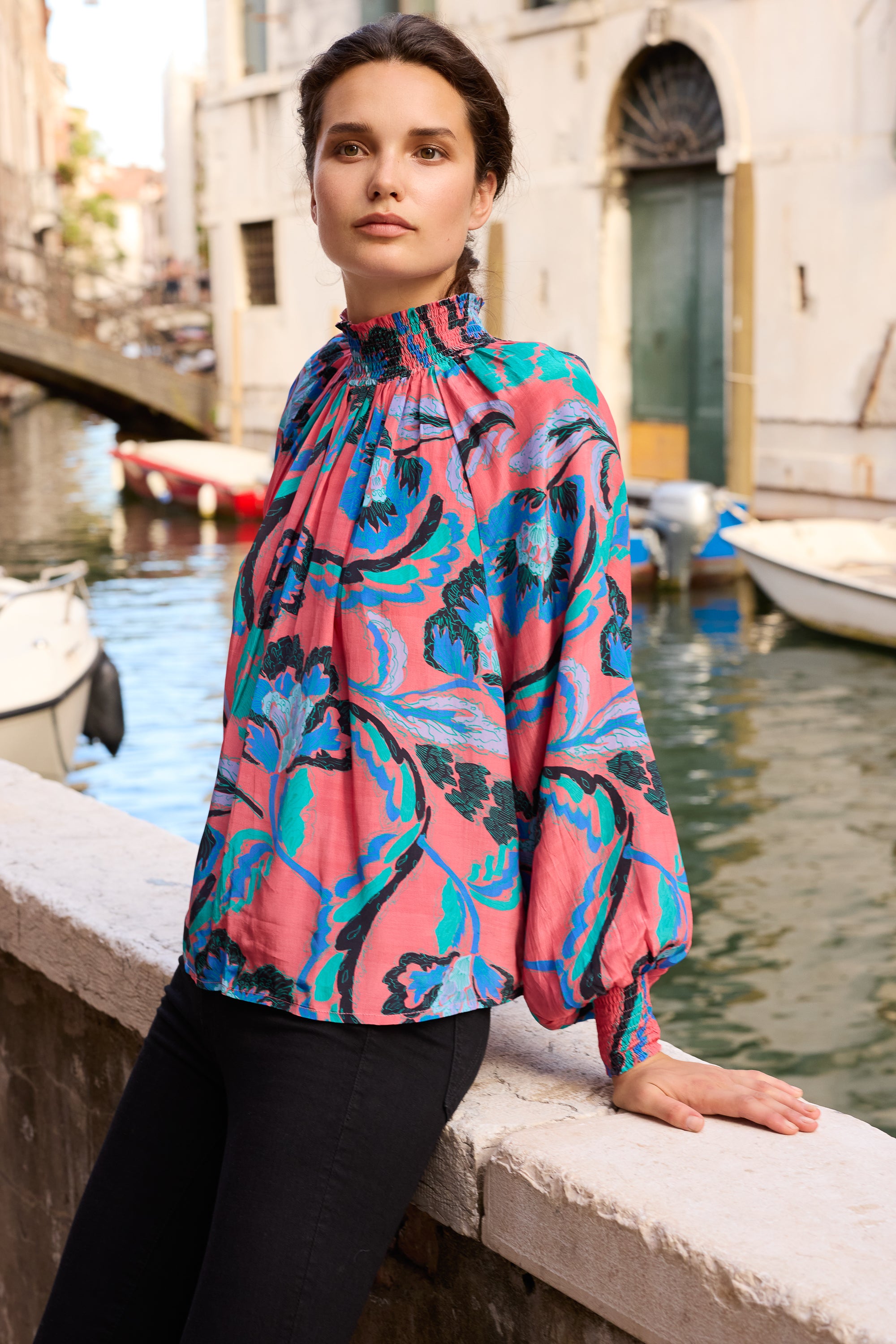 High Neck Blouse- Bergamo Cinnamon