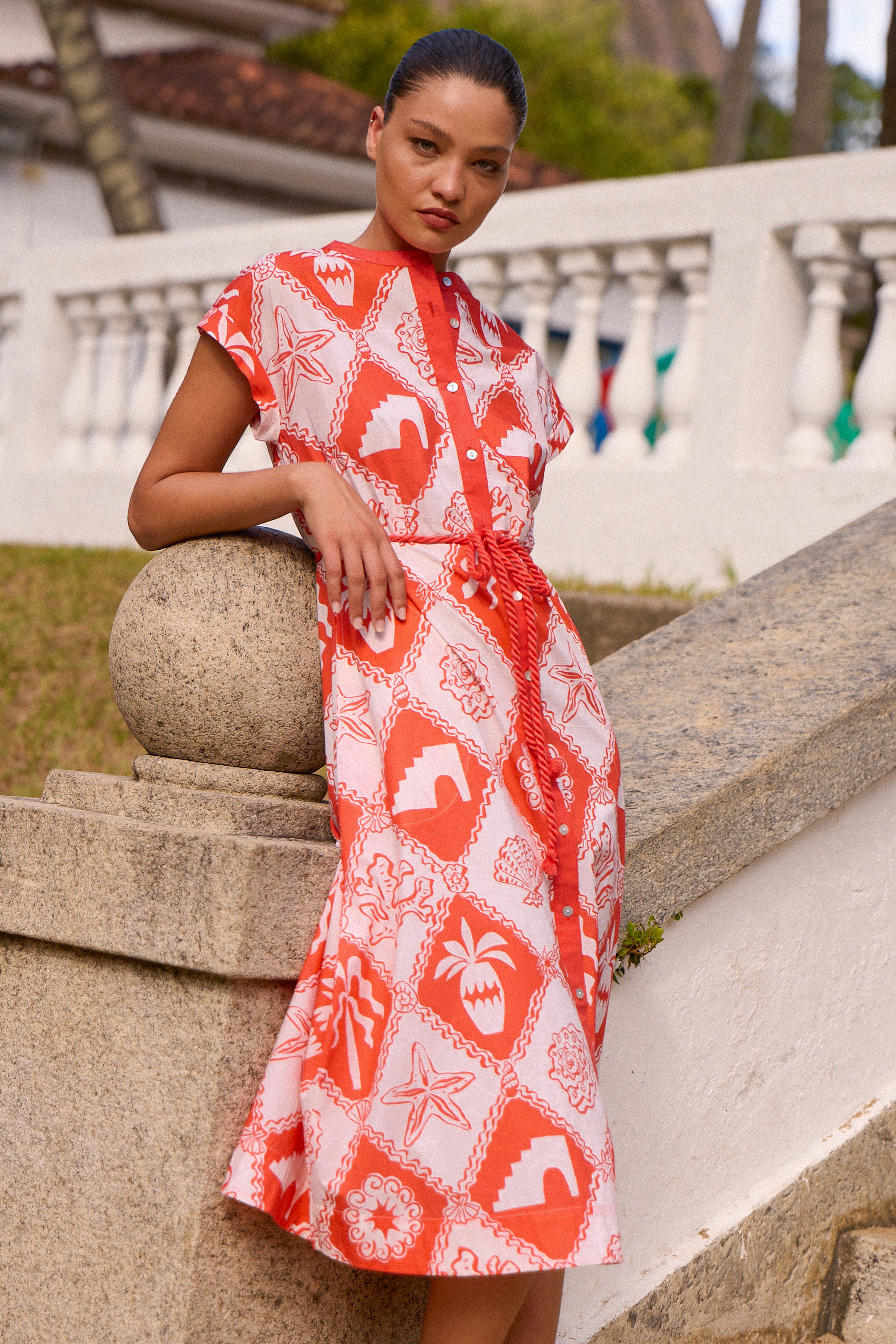 Cap Sleeve Shirt Dress Midi- Asterias Red