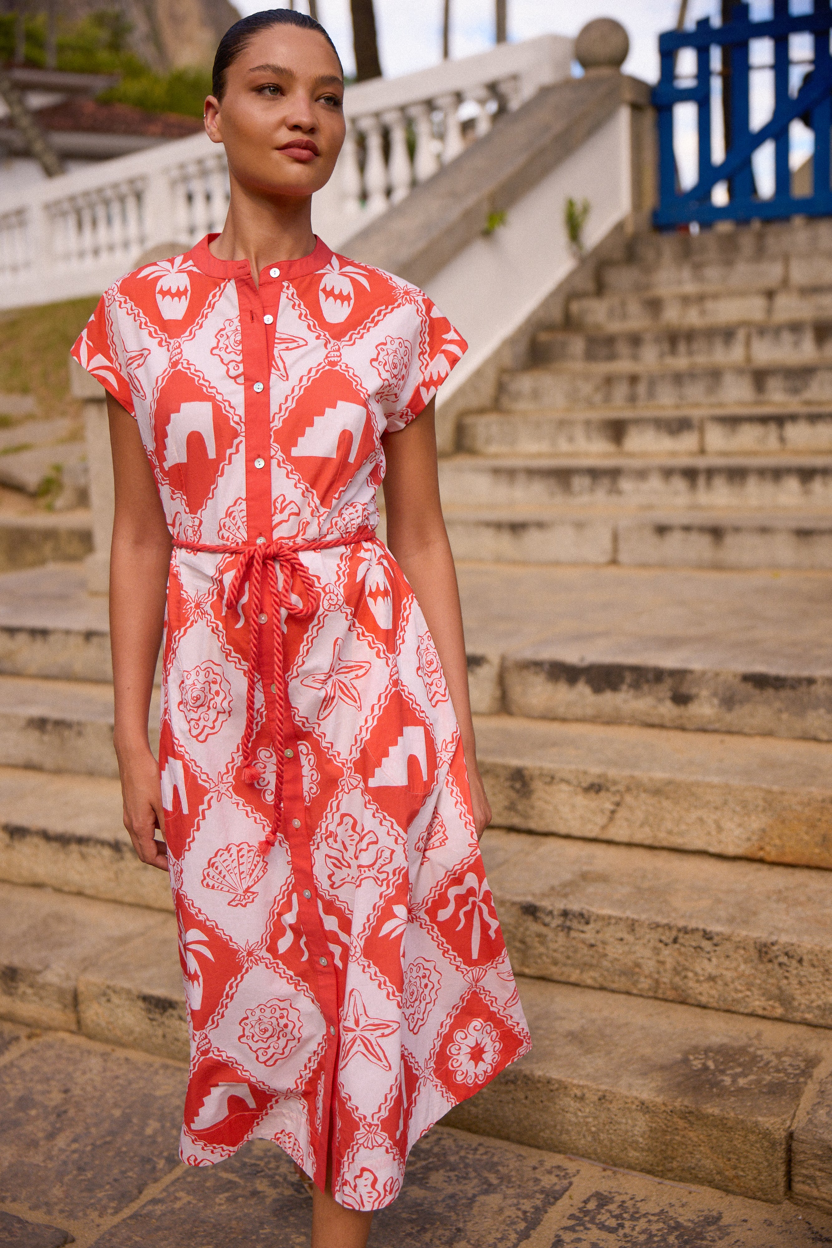 Cap Sleeve Shirt Dress Midi- Asterias Red