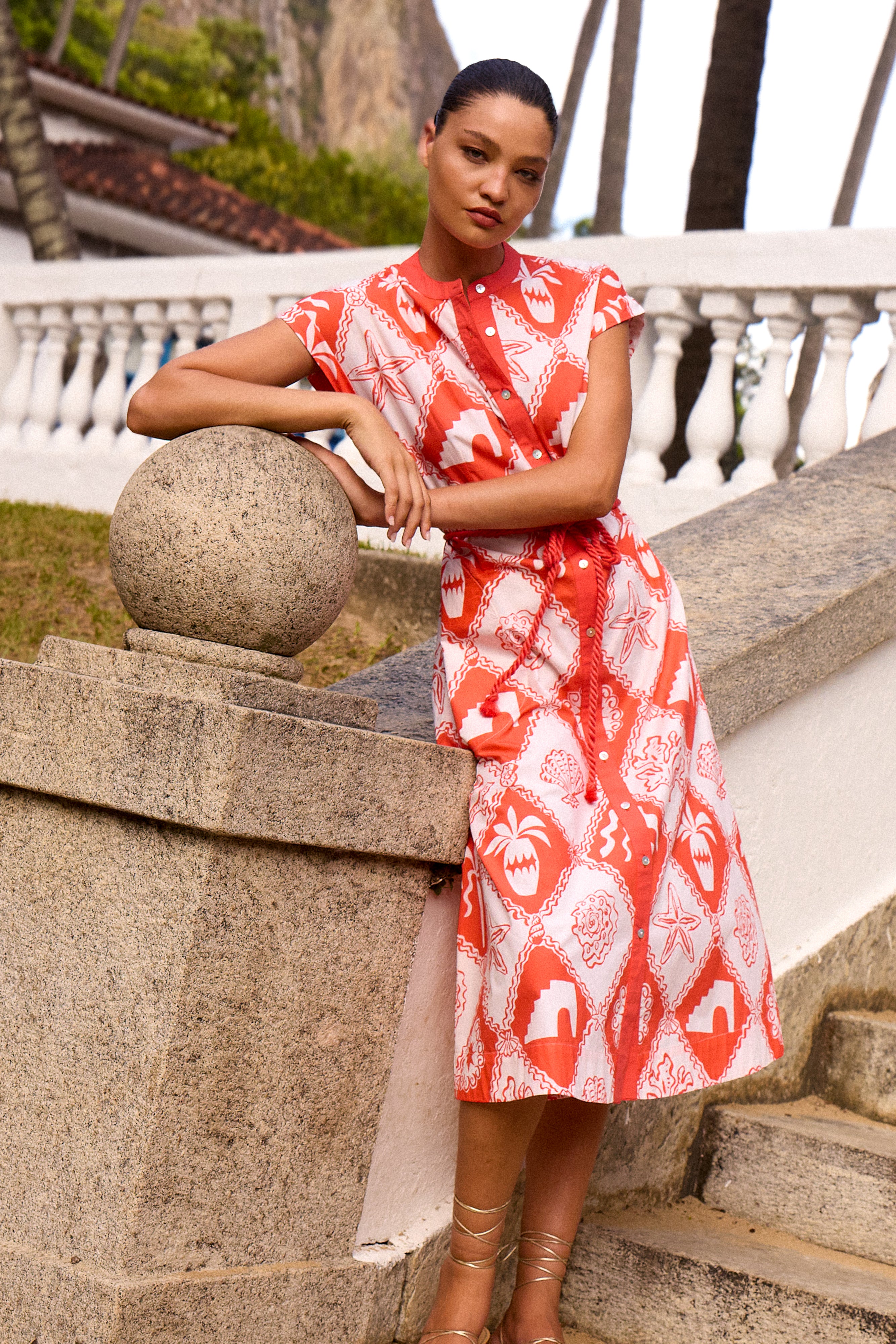 Cap Sleeve Shirt Dress Midi- Asterias Red