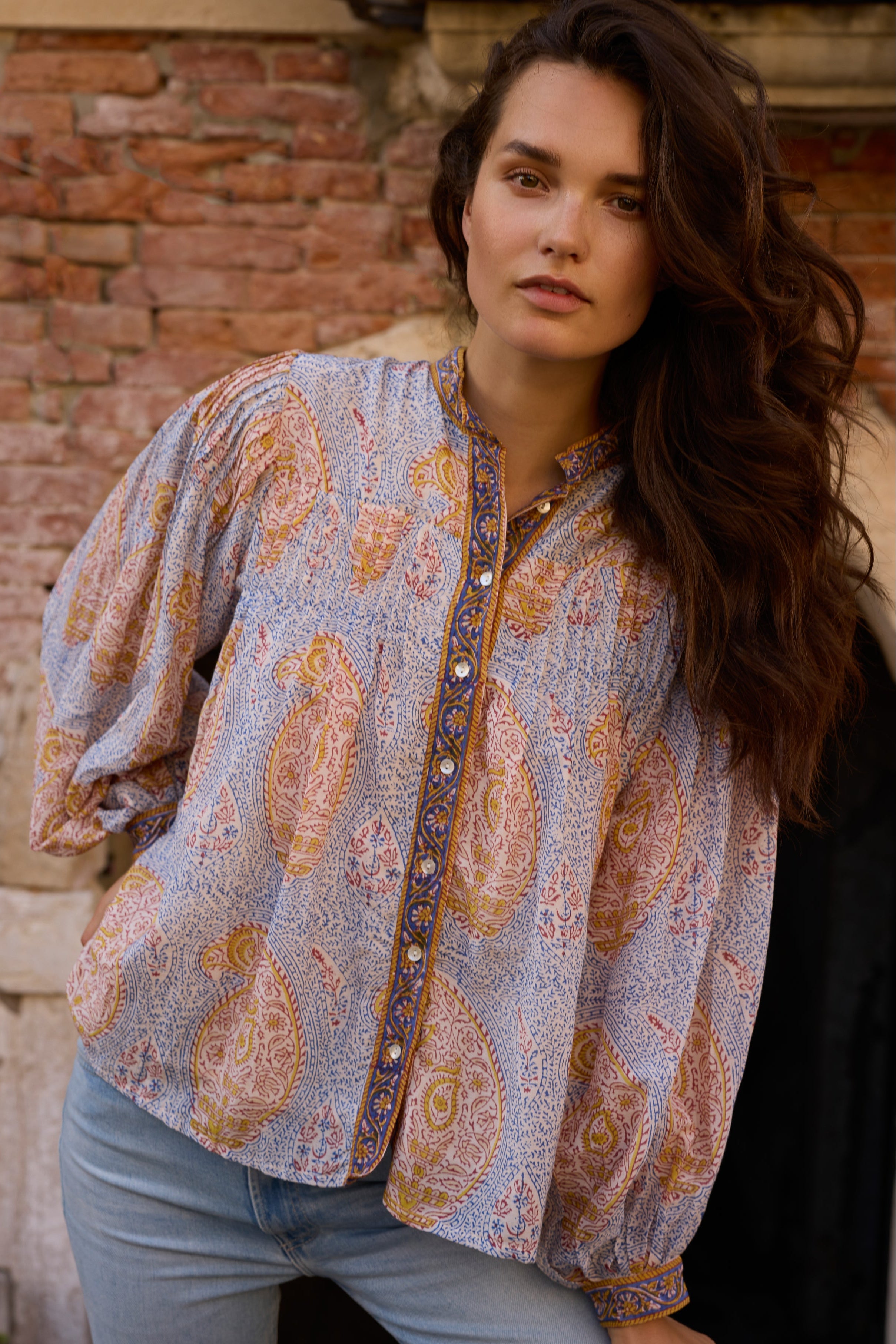 Mandarin Pintuck Blouse- Samode Cobalt