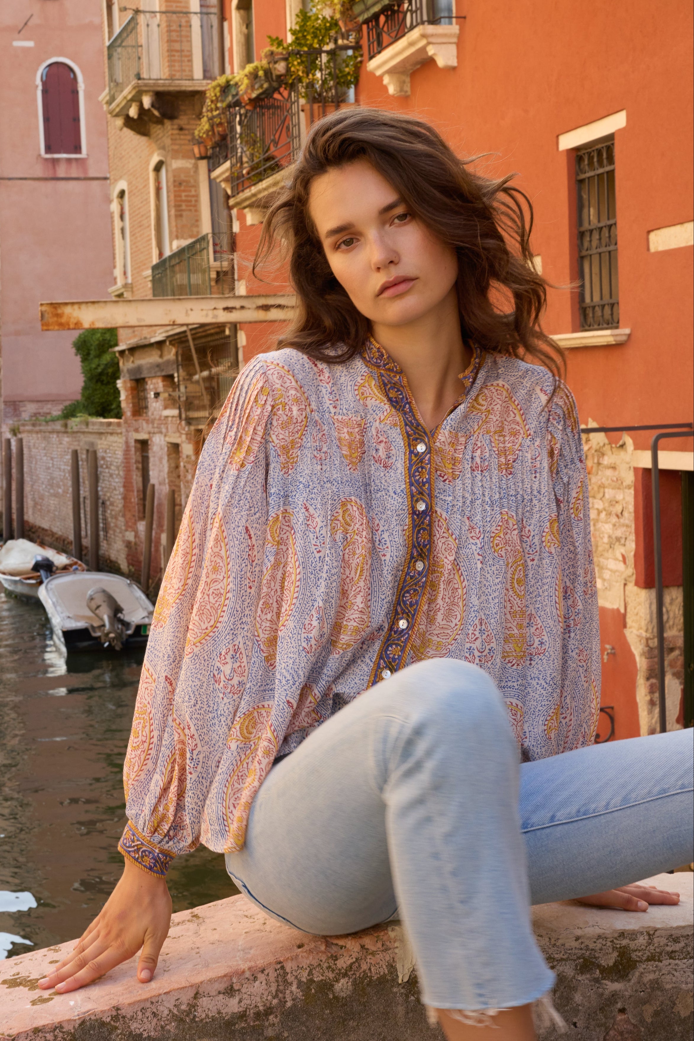 Mandarin Pintuck Blouse- Samode Cobalt