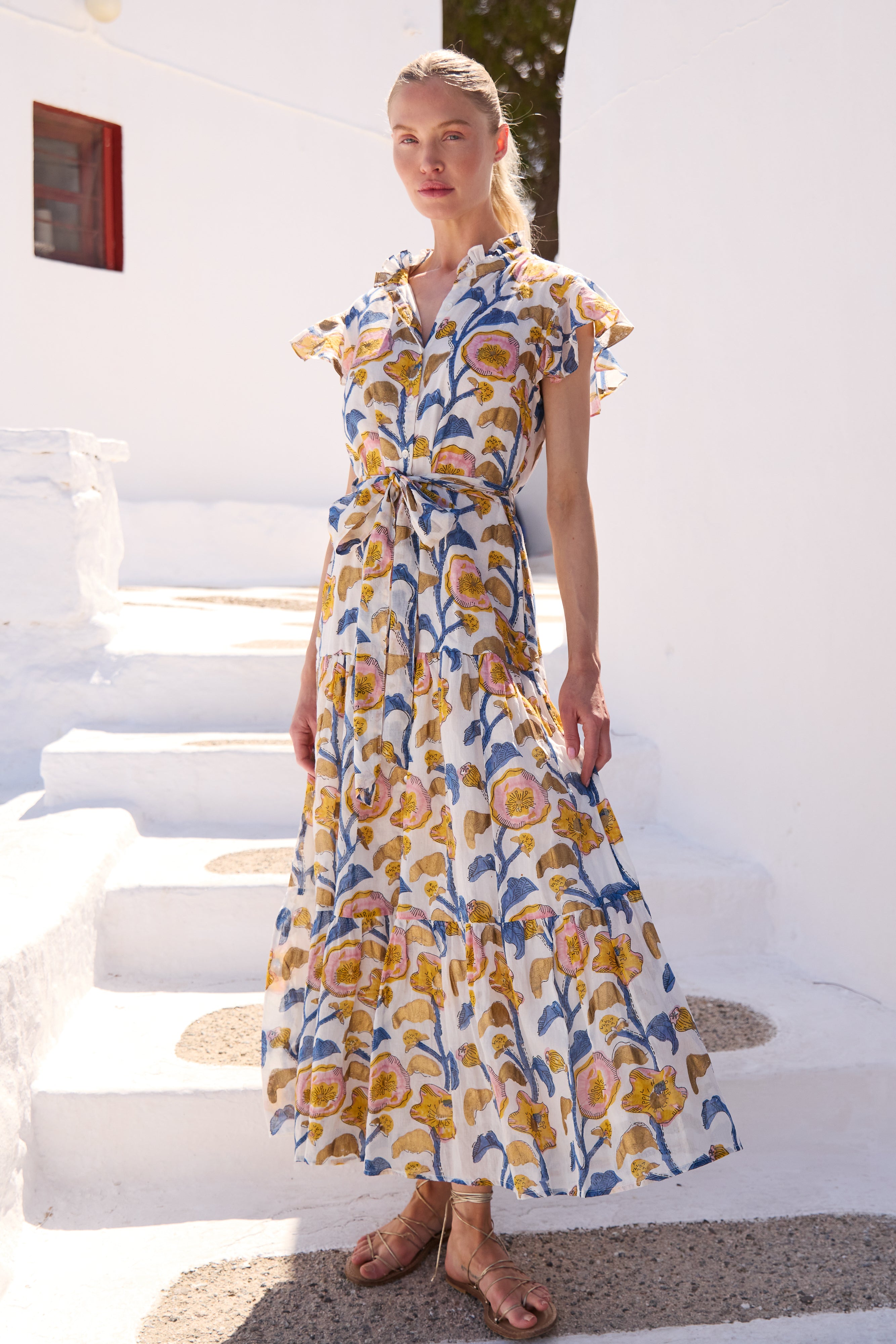 Ruffle Collar Button Maxi- Poppy Marigold