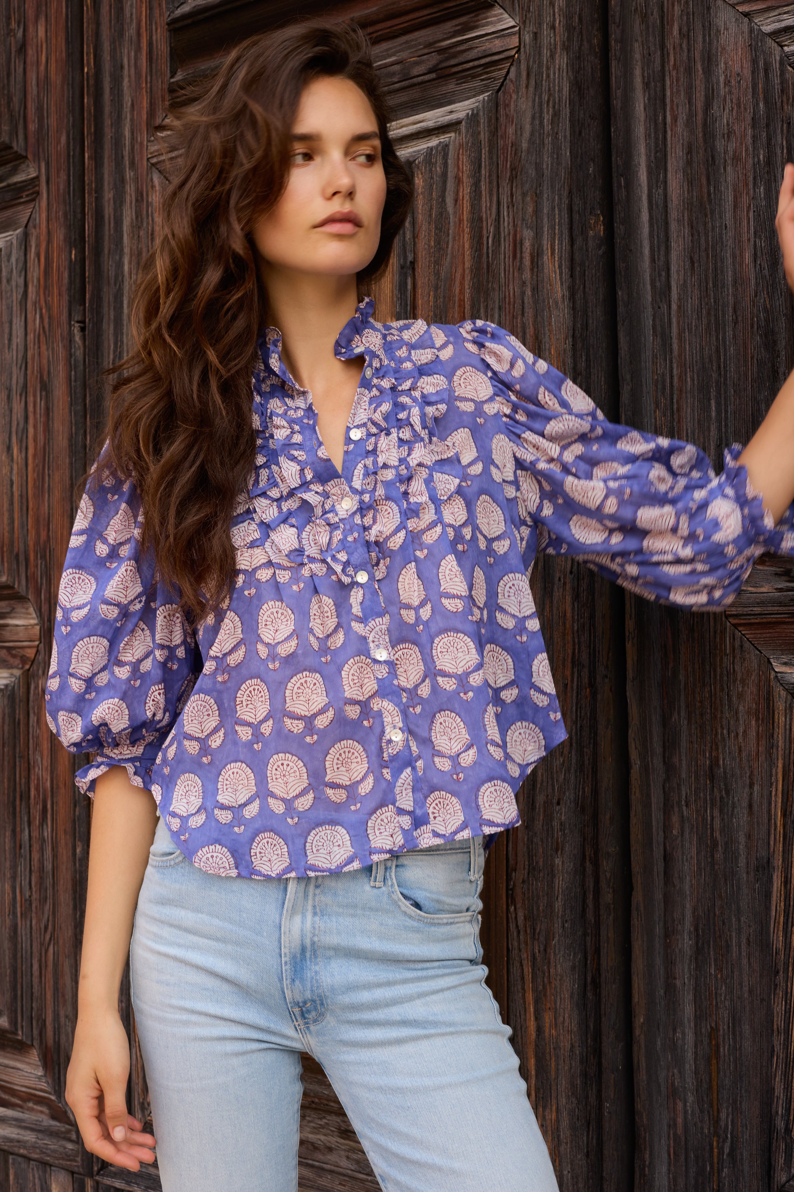 Ruffle Front Button Blouse- Trento Cobalt