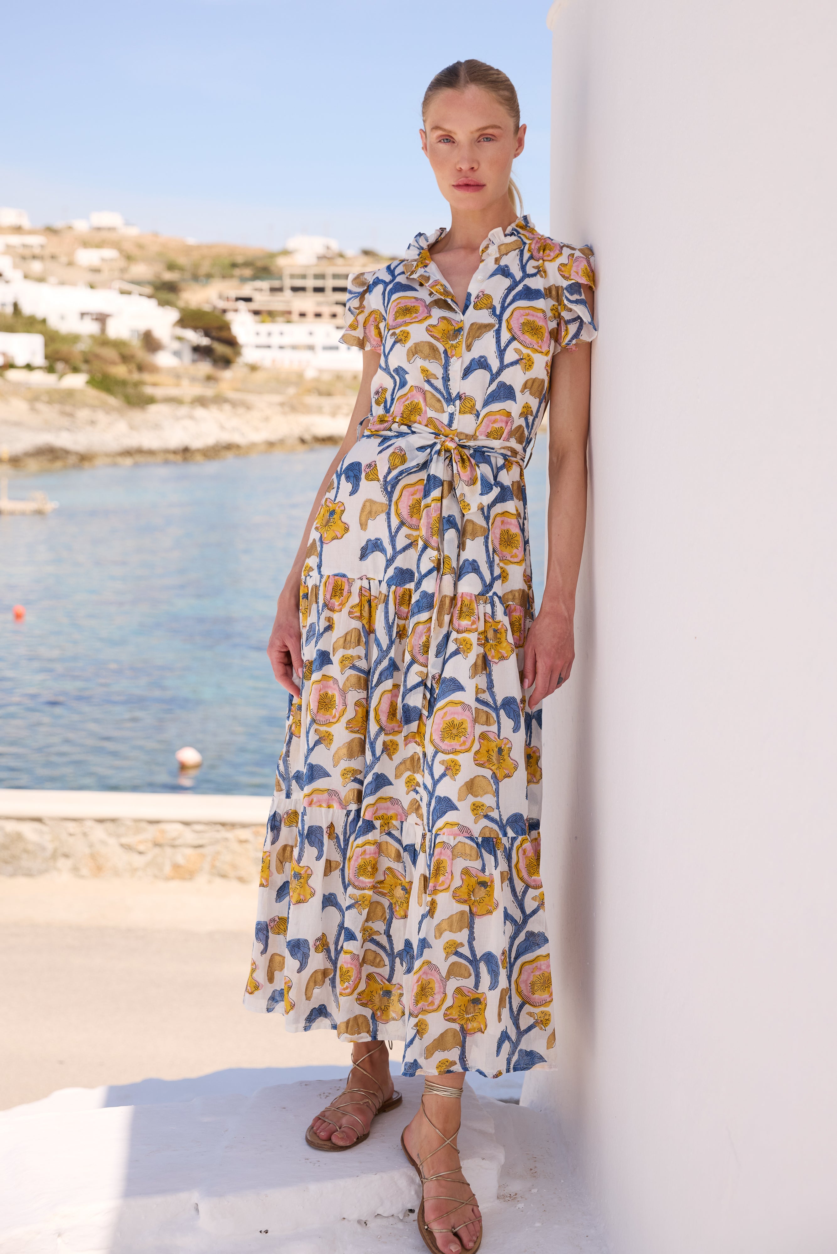 Ruffle Collar Button Maxi- Poppy Marigold