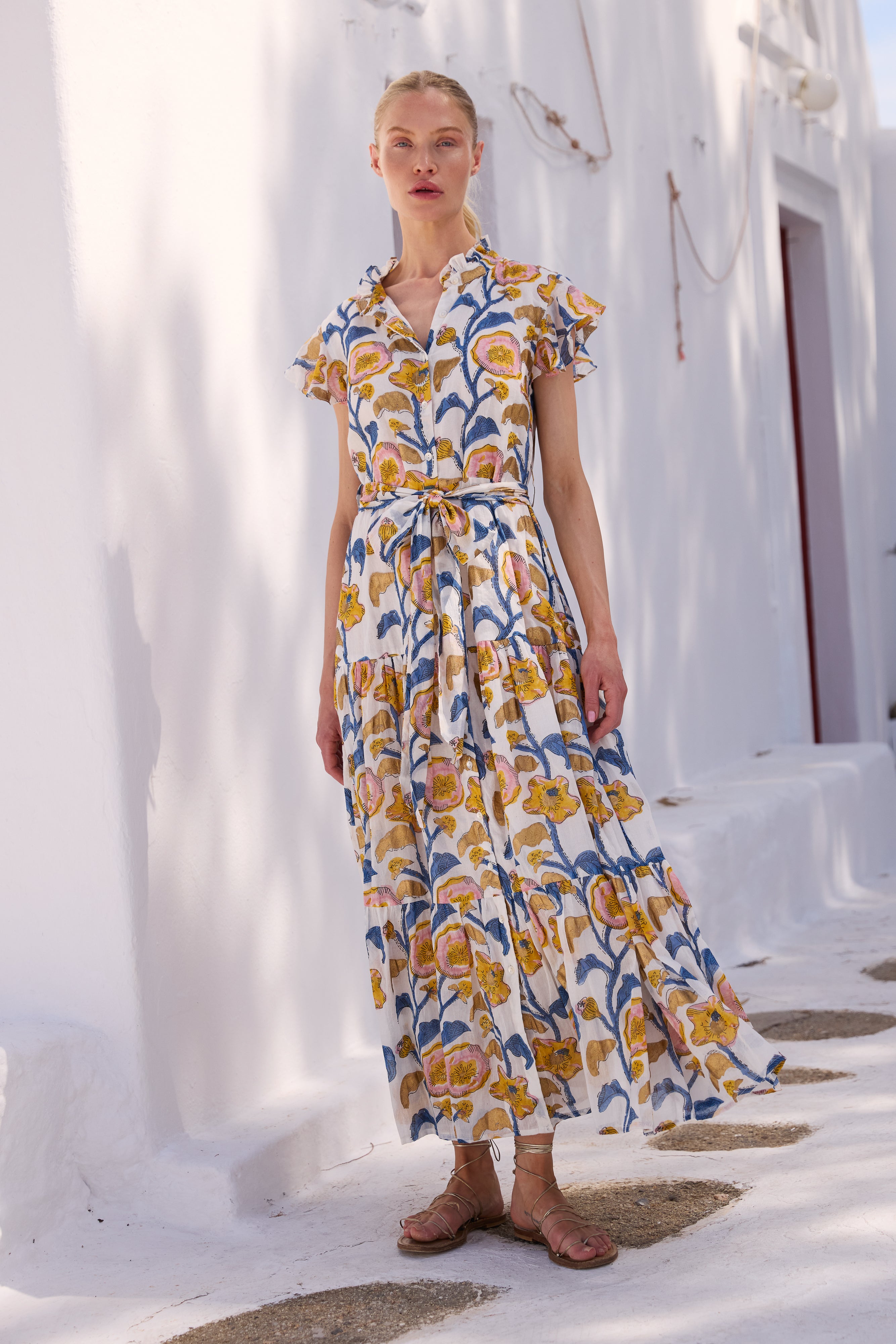 Ruffle Collar Button Maxi- Poppy Marigold