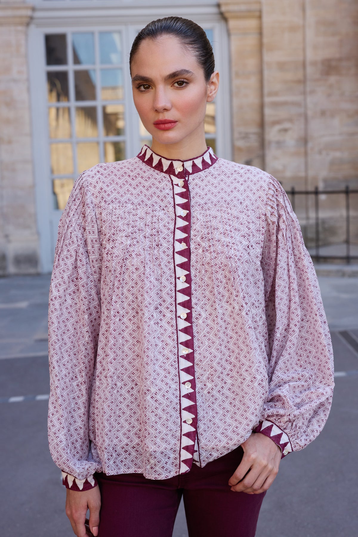 Mandarin Pintuck Blouse- Manali Wine