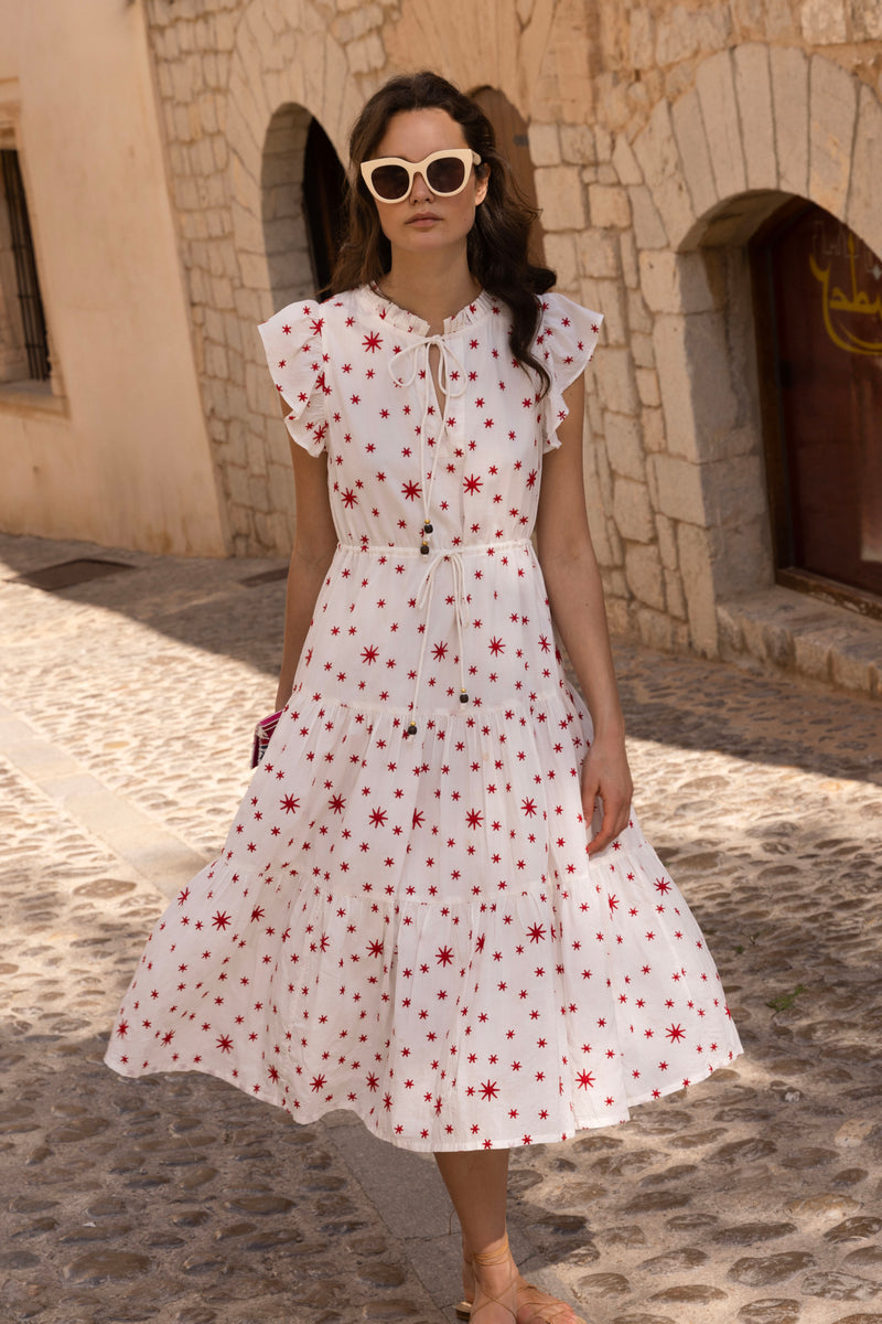 Cinched Flirty Midi- Ellsworth Red