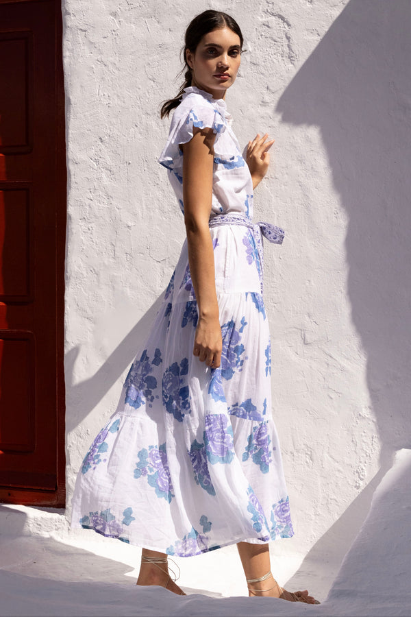 Ruffle Collar Button Maxi- Portofino Blue