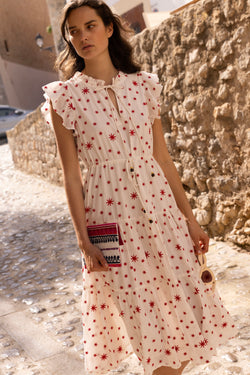 Cinched Flirty Midi- Ellsworth Red