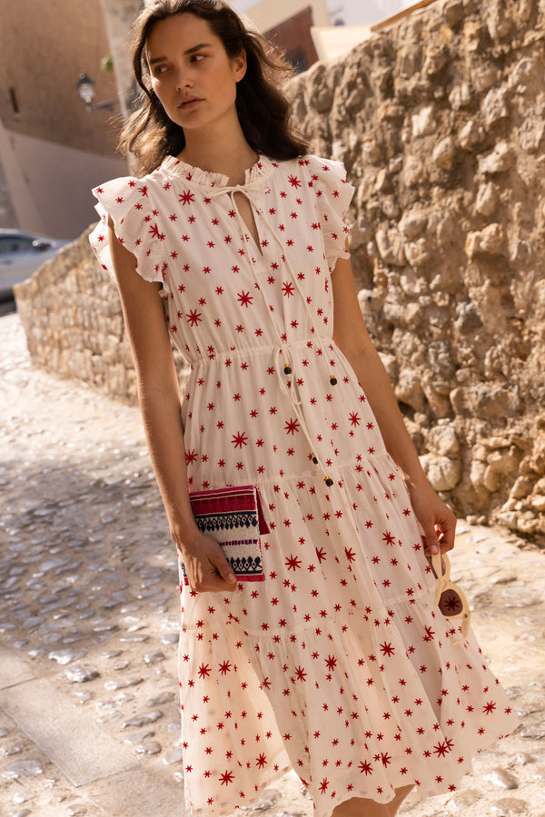 Cinched Flirty Midi- Ellsworth Red