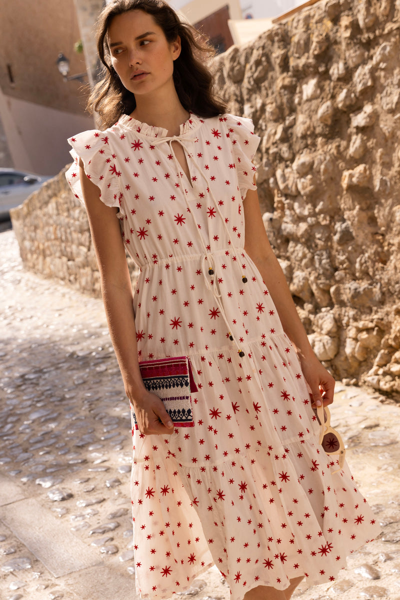 Cinched Flirty Midi- Ellsworth Red