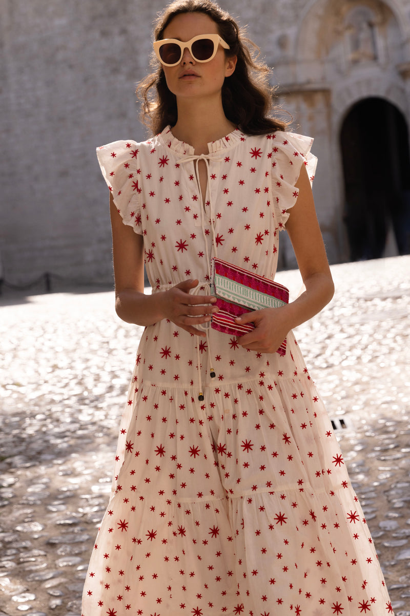 Cinched Flirty Midi- Ellsworth Red