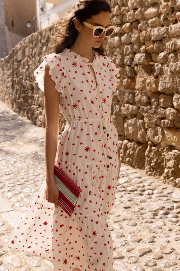 Cinched Flirty Midi- Ellsworth Red