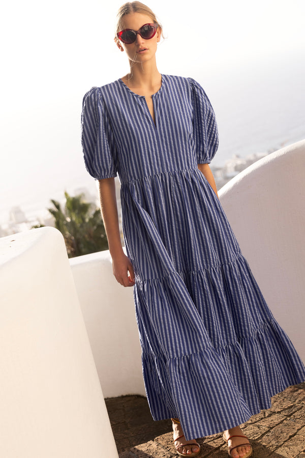 Puff Sleeve Maxi- Cabana Cobalt