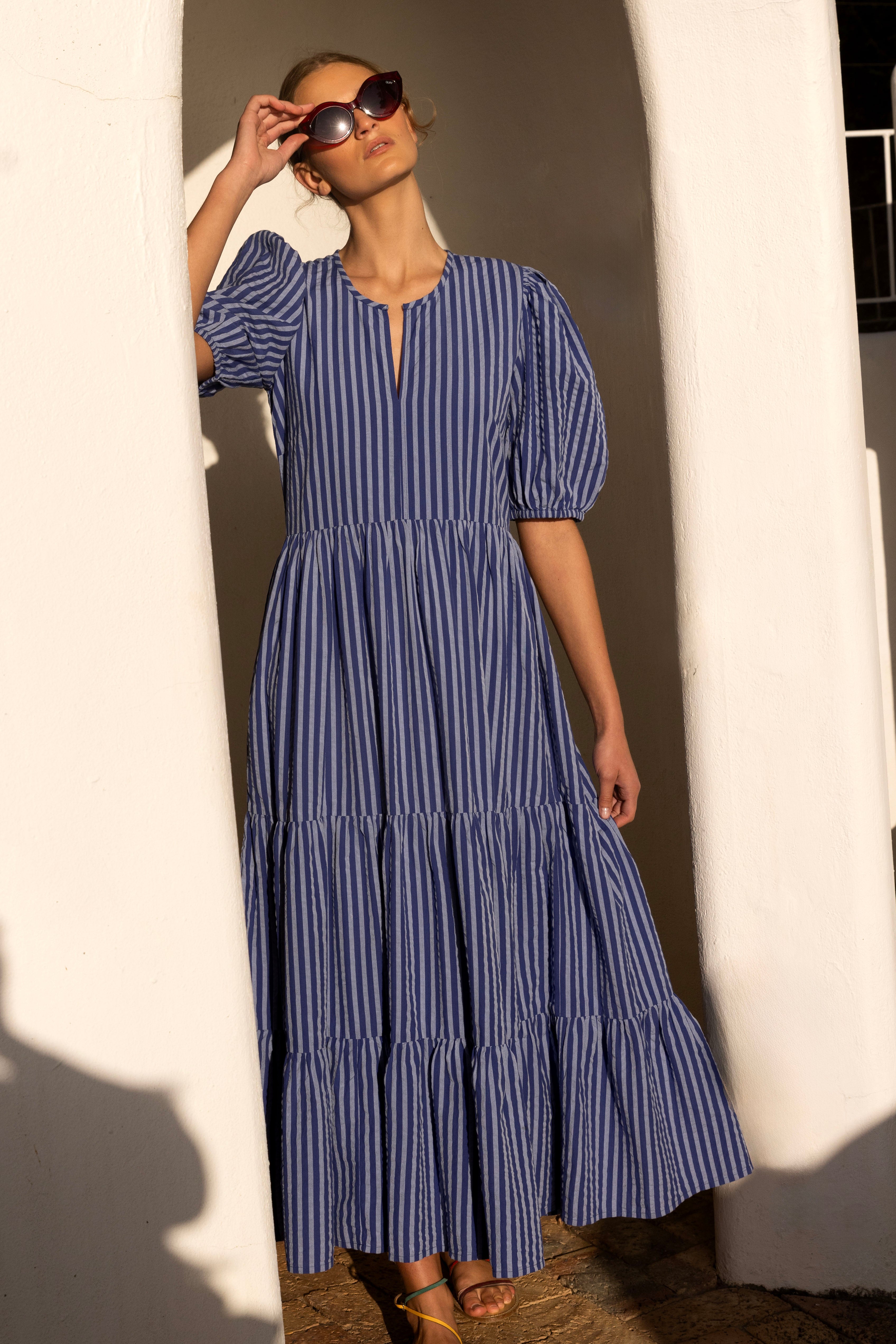 Puff Sleeve Maxi- Cabana Cobalt
