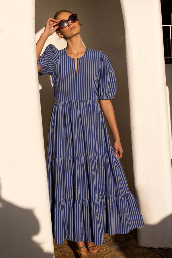 Puff Sleeve Maxi- Cabana Cobalt