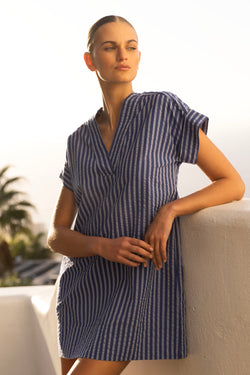 V-Neck Roll Sleeve Mini- Cabana Cobalt