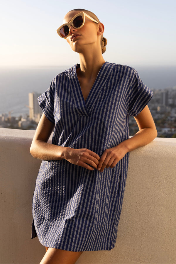 V-Neck Roll Sleeve Mini- Cabana Cobalt