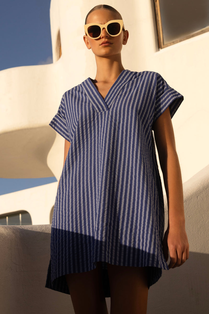 V-Neck Roll Sleeve Mini- Cabana Cobalt