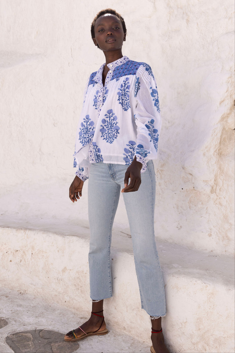 Mandarin Pintuck Blouse- Salvia Blue