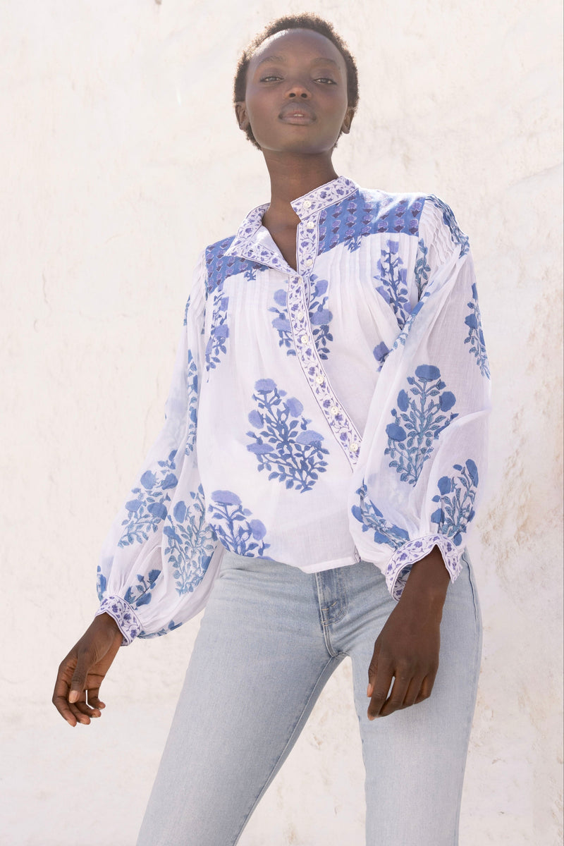 Mandarin Pintuck Blouse- Salvia Blue