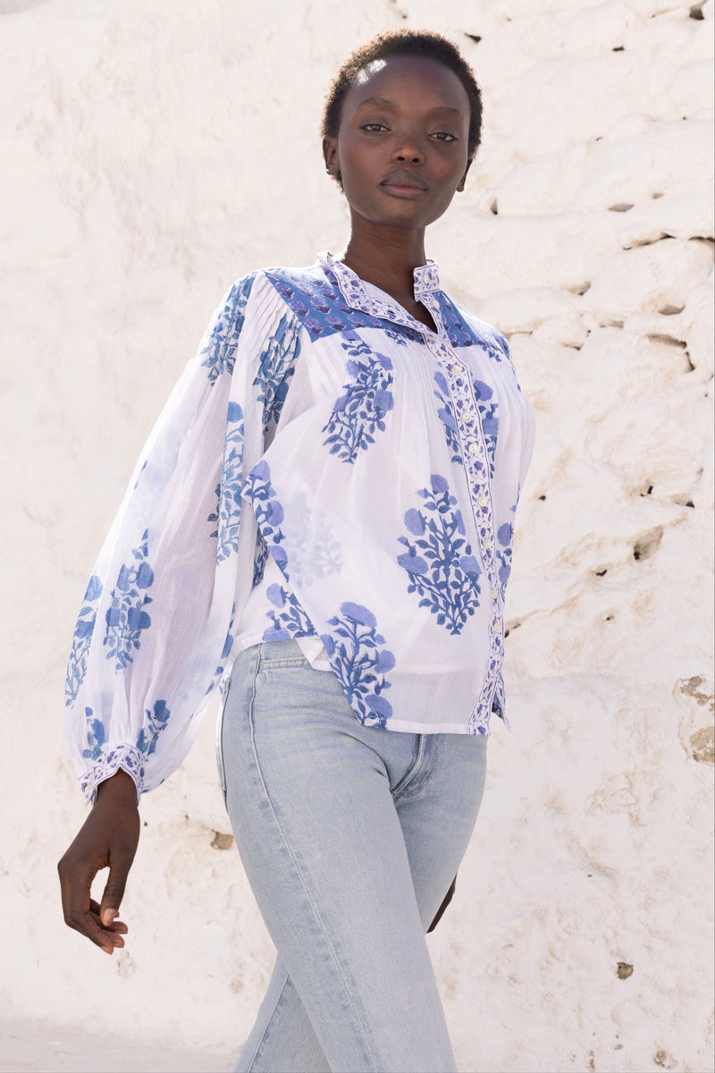 Mandarin Pintuck Blouse- Salvia Blue