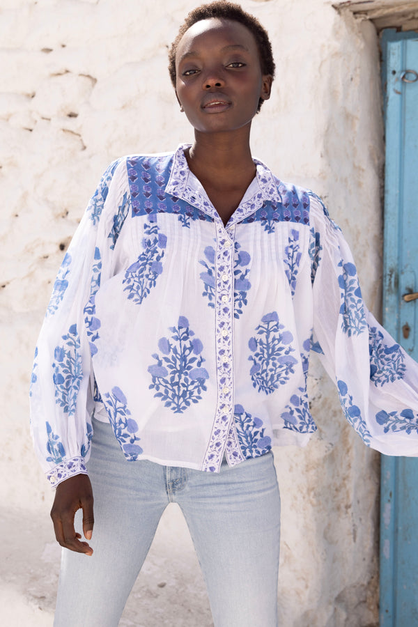 Mandarin Pintuck Blouse- Salvia Blue