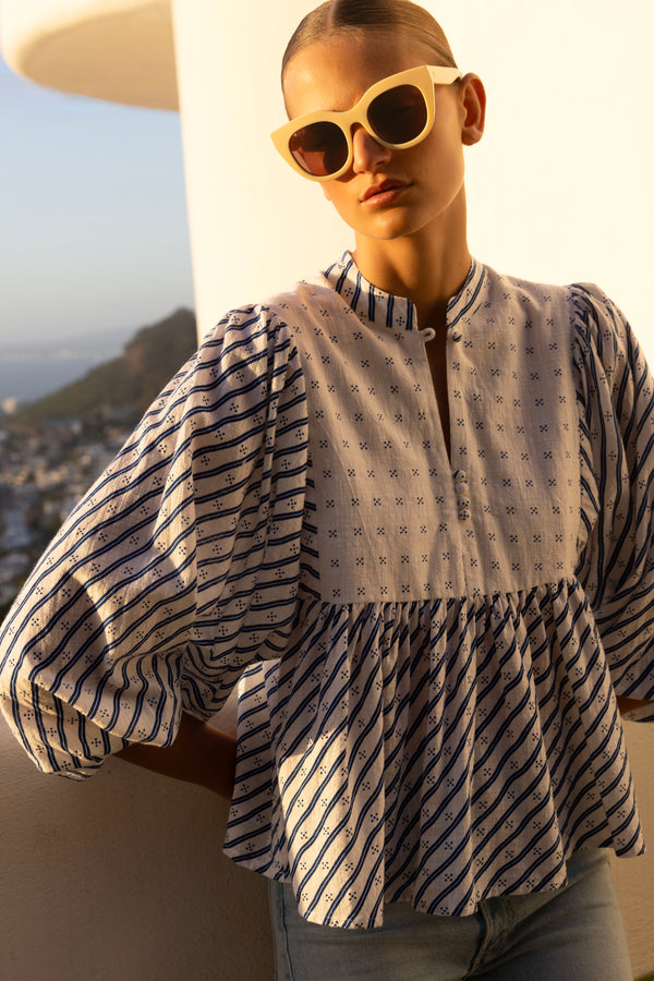 Mandarin Balloon Top- Dipsy Navy
