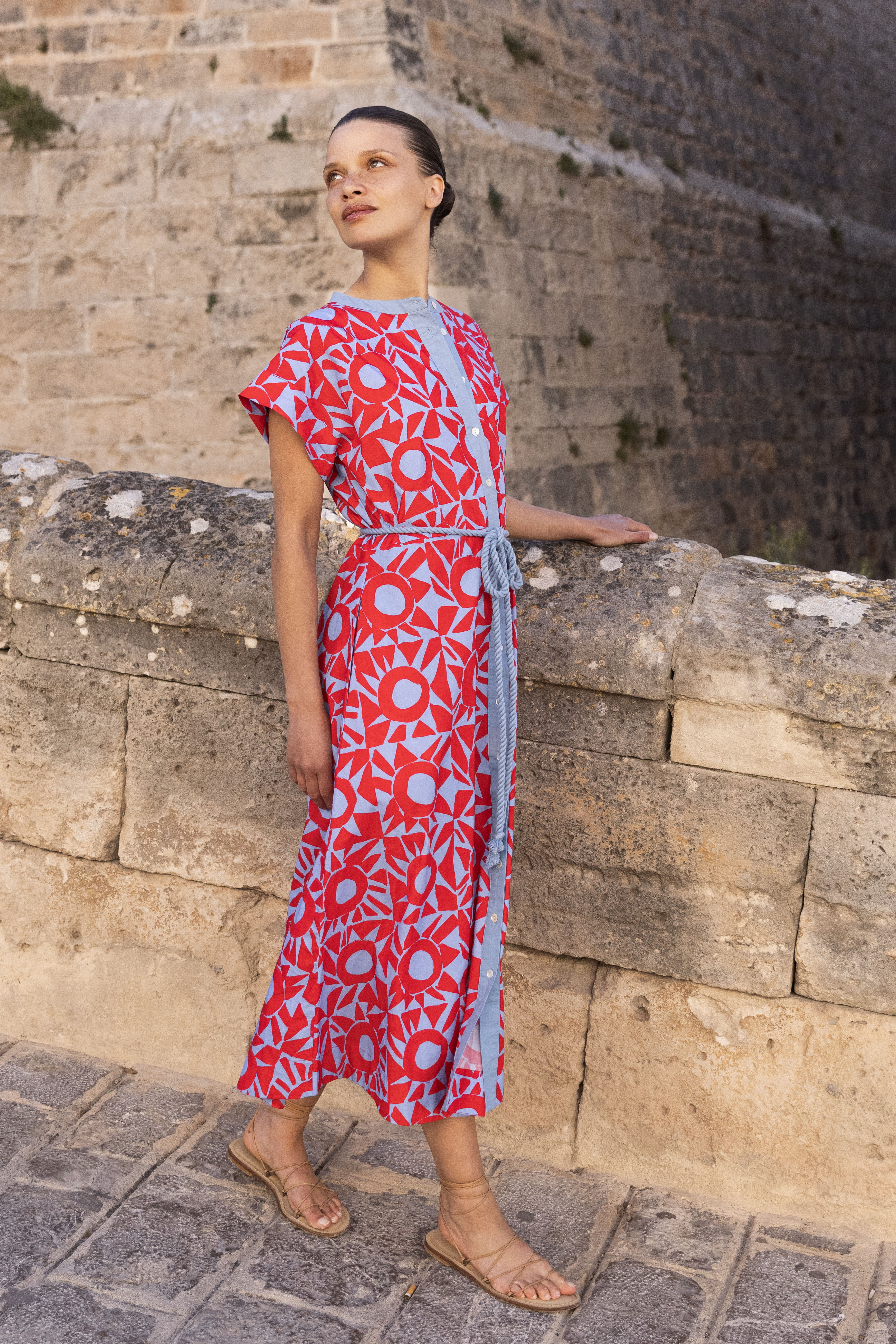 Cap Sleeve Shirt Dress Midi- Eclipse Red