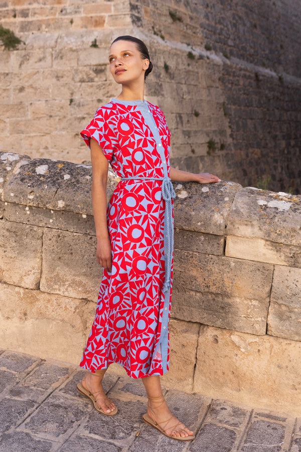 Cap Sleeve Shirt Dress Midi- Eclipse Red