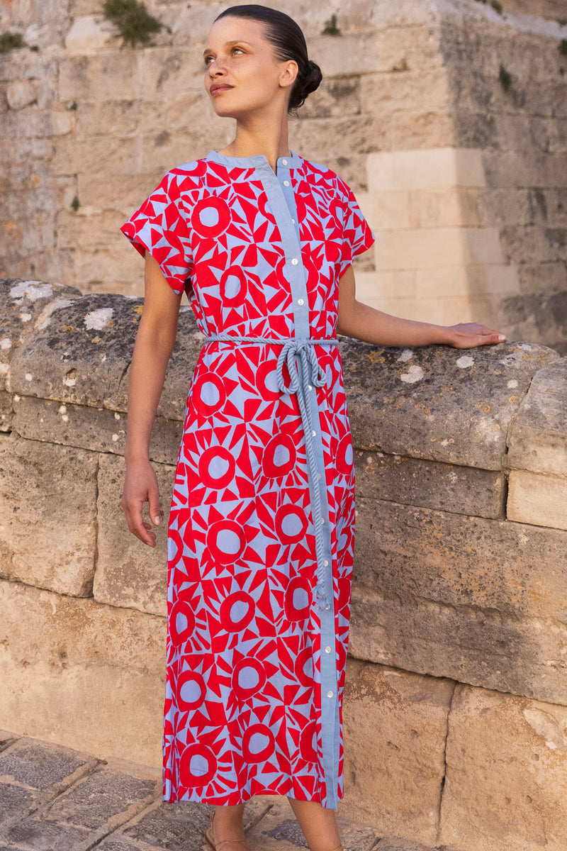 Cap Sleeve Shirt Dress Midi- Eclipse Red