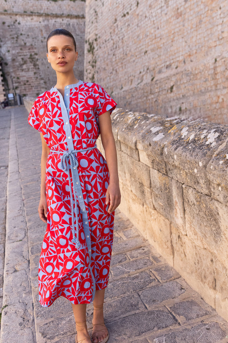 Cap Sleeve Shirt Dress Midi- Eclipse Red