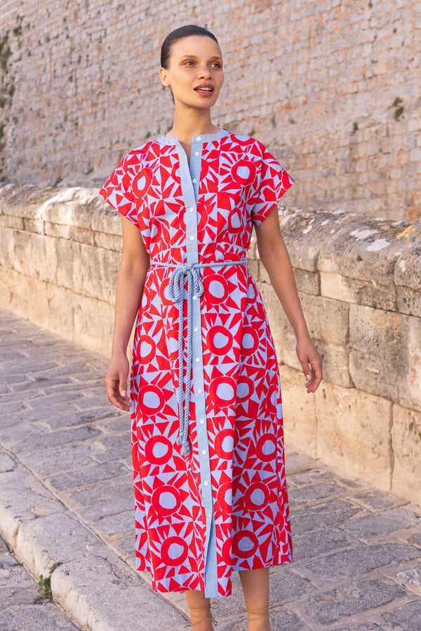 Cap Sleeve Shirt Dress Midi- Eclipse Red