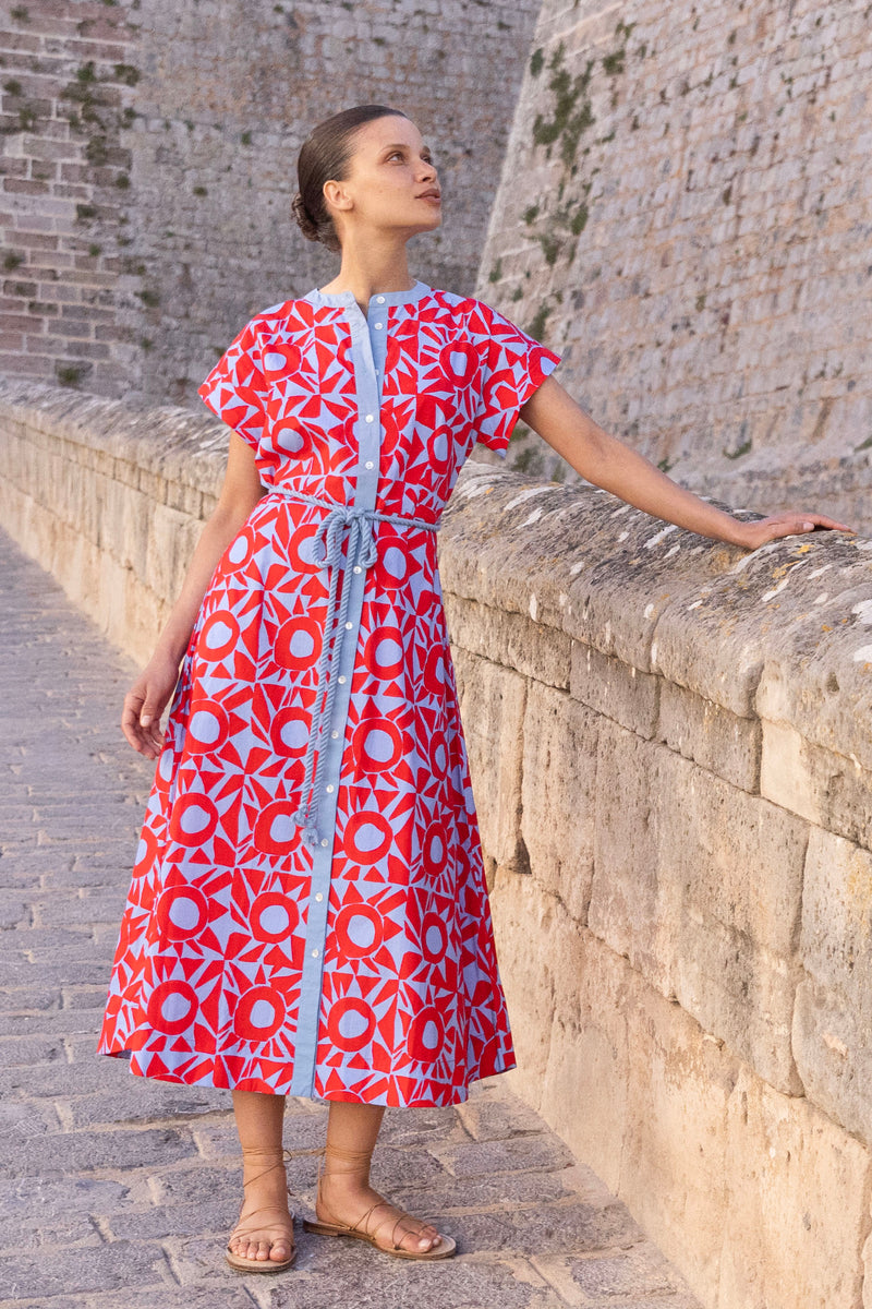 Cap Sleeve Shirt Dress Midi- Eclipse Red