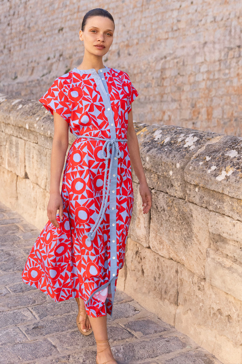 Cap Sleeve Shirt Dress Midi- Eclipse Red