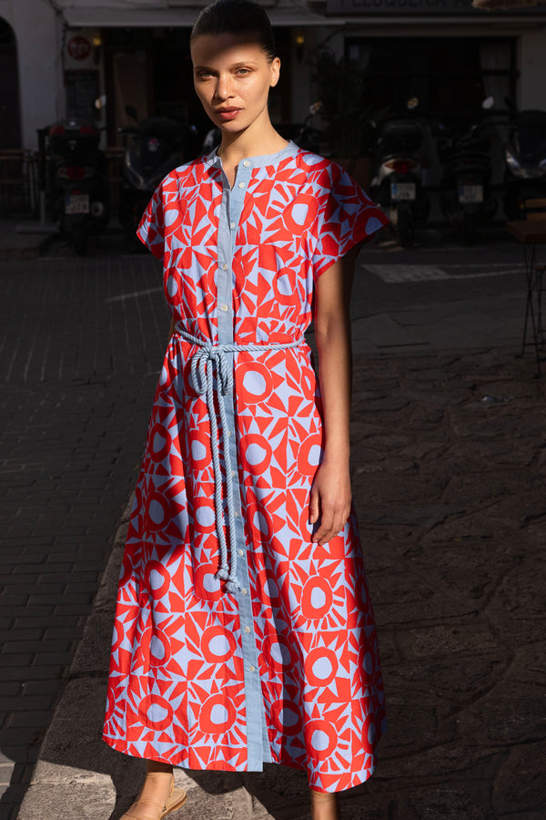 Cap Sleeve Shirt Dress Midi- Eclipse Red