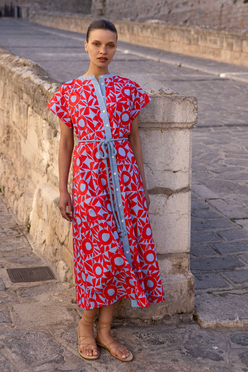 Cap Sleeve Shirt Dress Midi- Eclipse Red