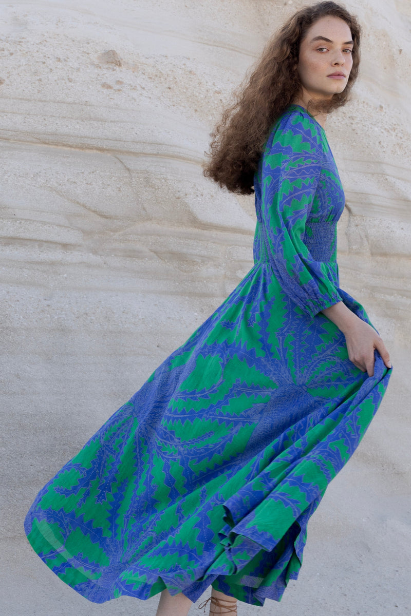 Crew Neck Smocked Waist Maxi- Thistle Green