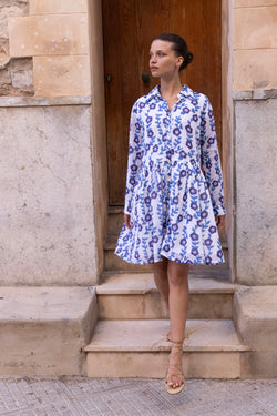 Long Sleeve Shirt Dress Mini- Toscana Blue