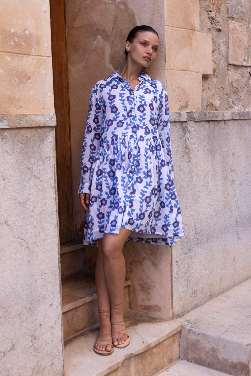 Long Sleeve Shirt Dress Mini- Toscana Blue