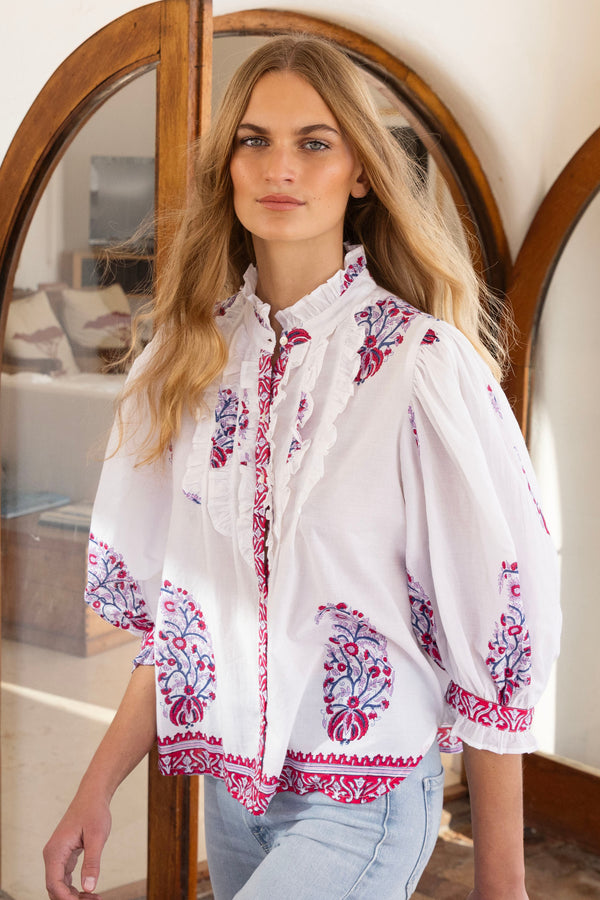 Ruffle Front Button Blouse- Verna Red