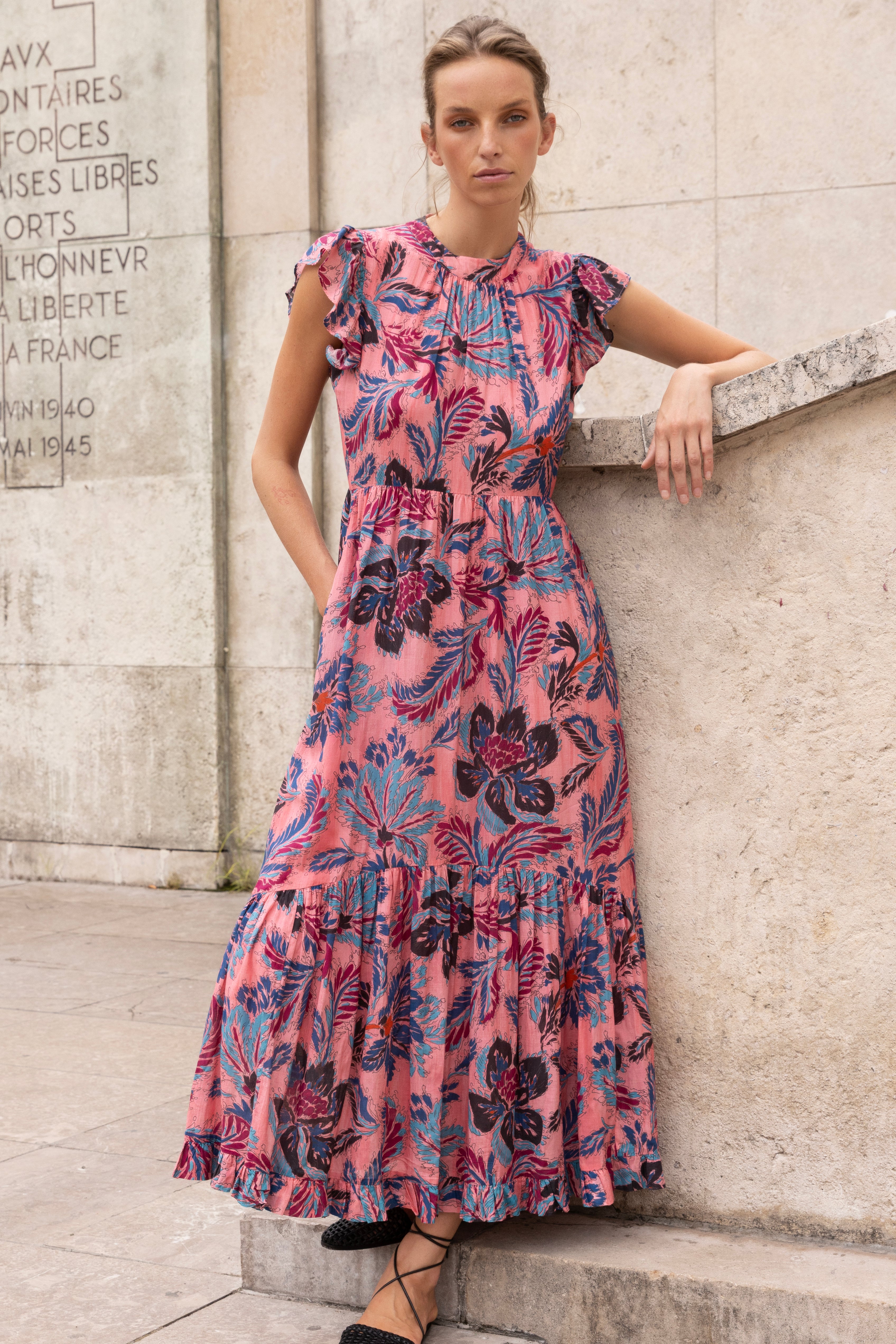 Mock Neck Flutter Maxi- Chennai Rose