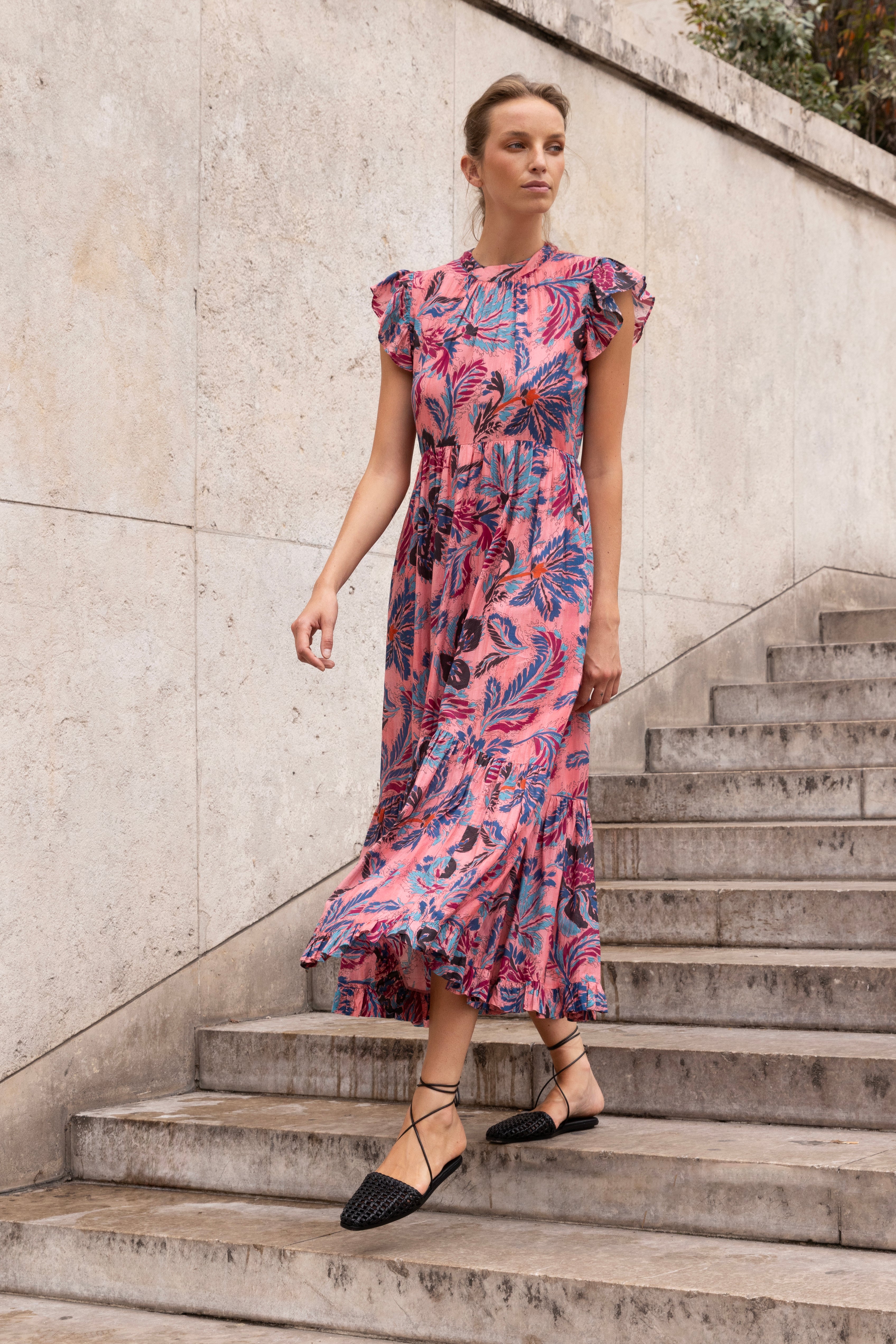 Mock Neck Flutter Maxi- Chennai Rose