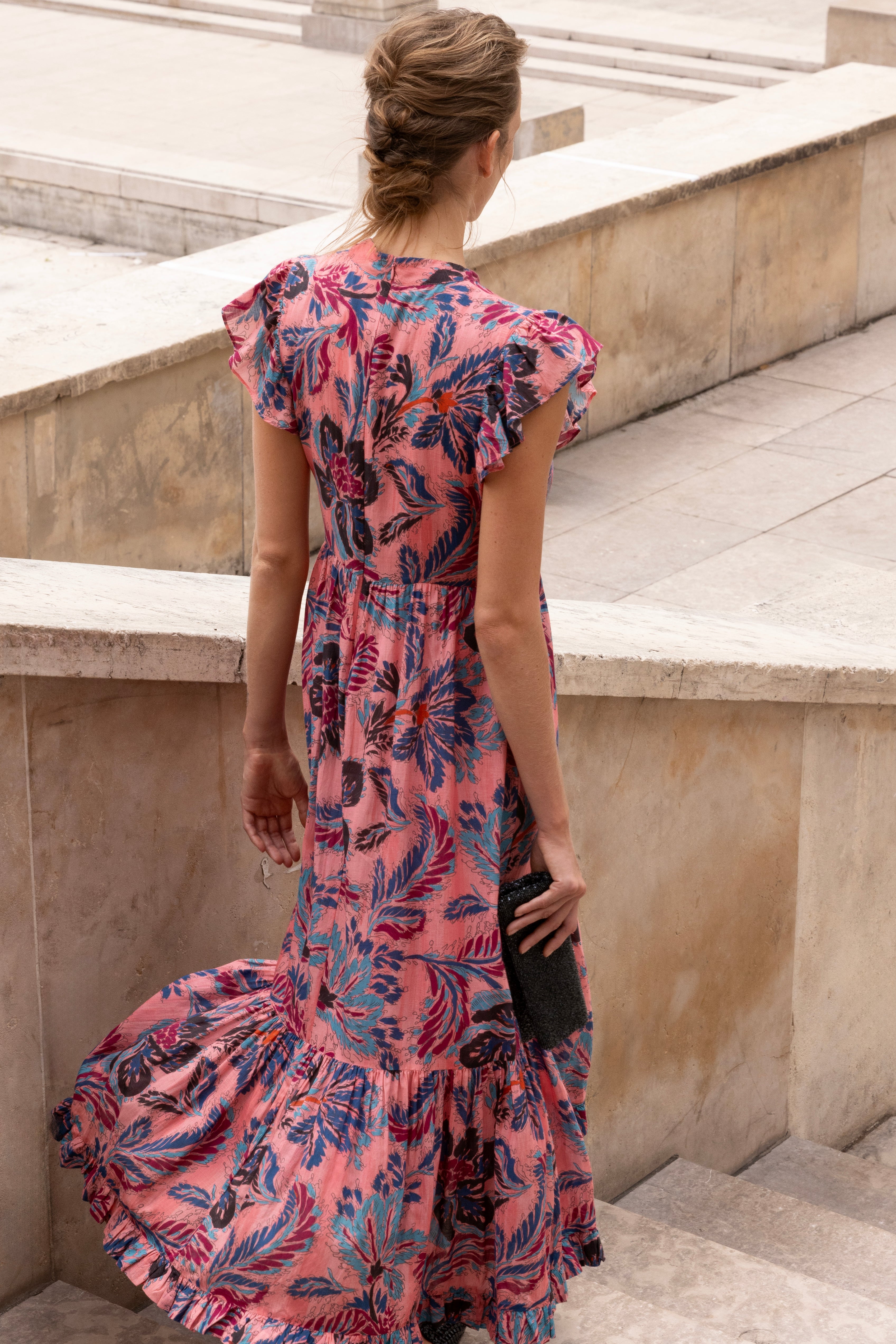 Mock Neck Flutter Maxi- Chennai Rose